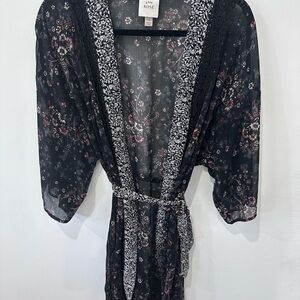 Knox Rose Black Lace Robe with Sheer Floral Design